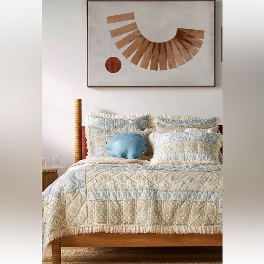 Anthropologie Elsa Cotton Voile Patchwork Quilt Soft Sky Gray Ivory
